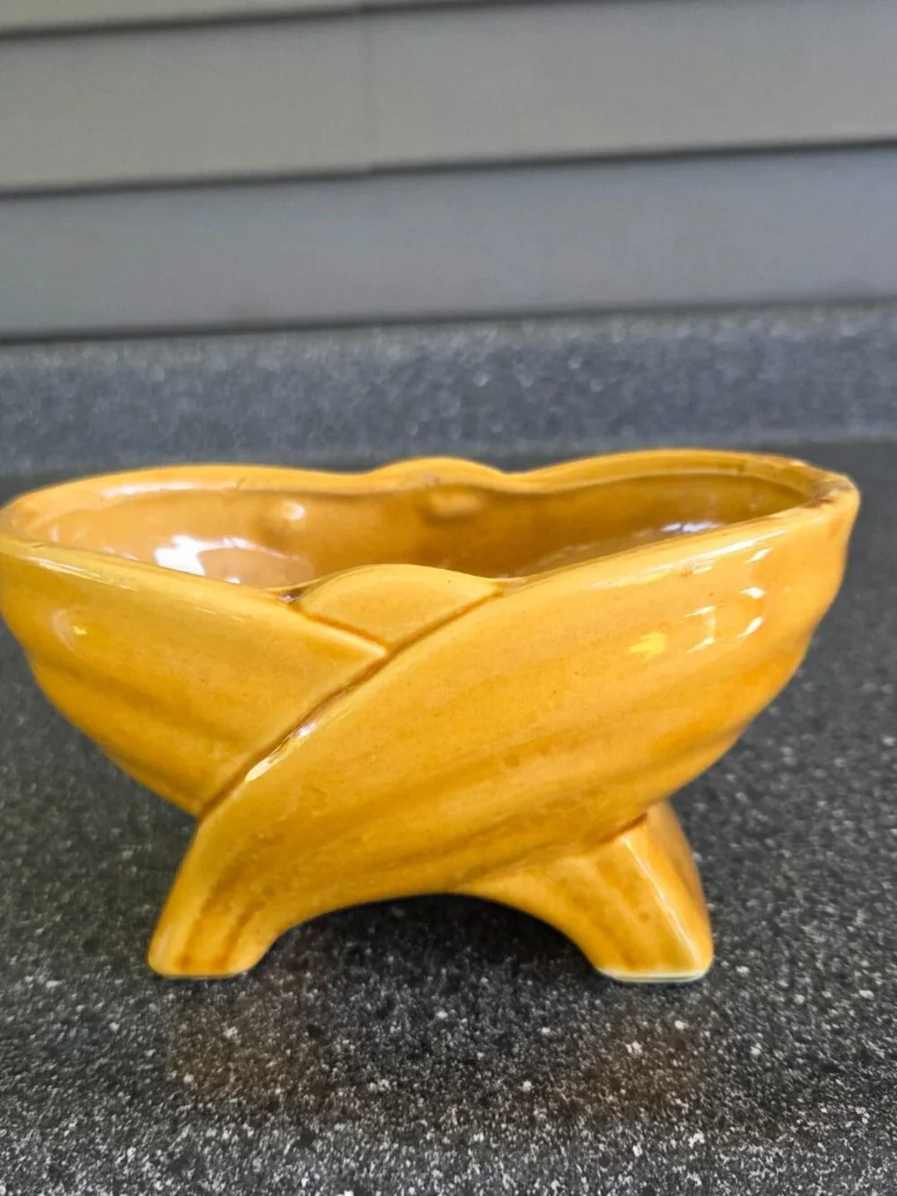 Vintage American Art Pottery Planter Golden Yellow Footed Oval Rib Mid-Century